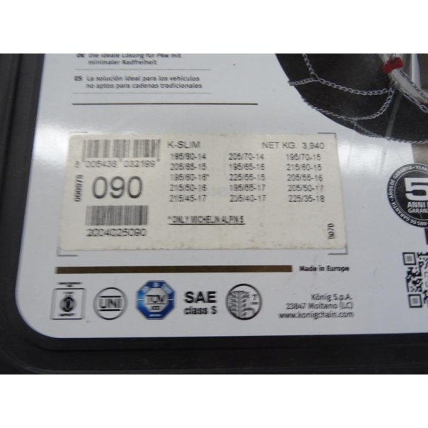 Paire chaines neige Thule K-slim N°090 pour auto non chainables pneu roue jante 195/80/14 205/70/14 195/70/15 205/65/15 195/65/1