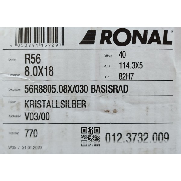 Lot 4 jantes alliage aluminium (MODELE EXPOSITION) 8x18 5x114.3 ET40 18" 18 pouces avec ecrous Ronal R56 012.3732.009 56R8805.08