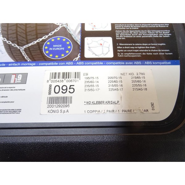 Jeu chaines neige Thule E9 N°095 pour pneu roue jante 195/75/15 205/70/15 215/65/15 235/60/14 225/60/15 205/60/16 235/55/15 215/