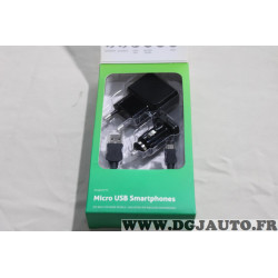 Chargeur micro USB telephone smartphones prise secteur et allume cigare Cellularline CHKIT3IN1MUSBK 