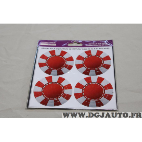 Jeu 4 autocollants centre enjoliveur 13" 14" 15" 16" Kisikol rond rouge et blanc 