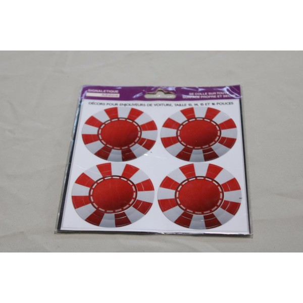 Jeu 4 autocollants centre enjoliveur 13" 14" 15" 16" Kisikol rond rouge et blanc 