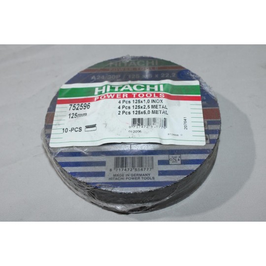 Pack 10 disques 125mm Hitachi 752596 pour disqueuse meuleuse 4x 125x1.0 inox 4x 125x2.5 metal 2x 125x6.0 metal 