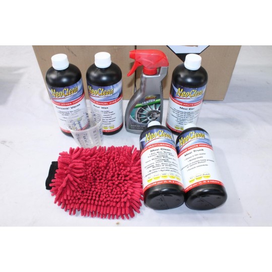 Kit nettoyage auto flacon nettoyant jante + shampooing + cire + nettoyant vitre concent vitres avec gant et verre doseur maxi 