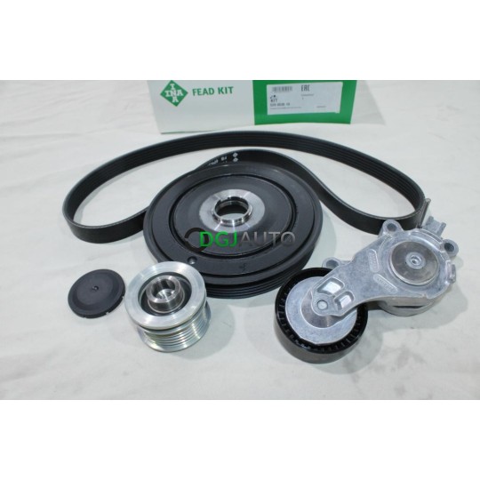 Kit courroie accessoire 6PK975 + poulie damper vilebrequin + poulie alternateur + galet tendeur INA 529003610 pour ford fiesta