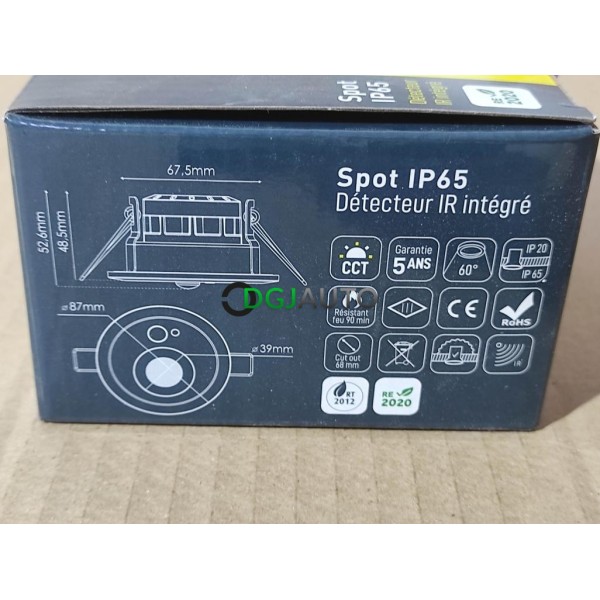 Spot LED avec detecteur encastrable plafond Solum Draco 3760317330715 7W IP65 frontal 68mm