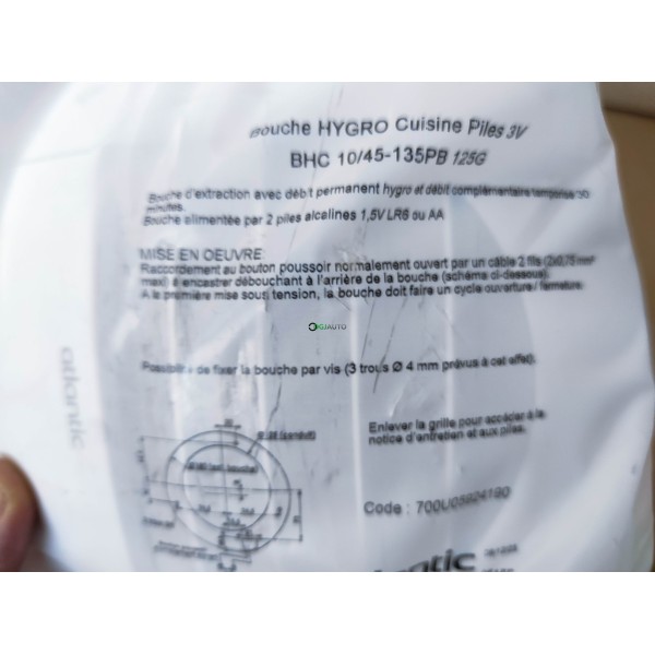 1 Bouche hygro de cuisine VMC ventilation extraction BHC 10/45-135PB 125G Atlantic 700U05924190