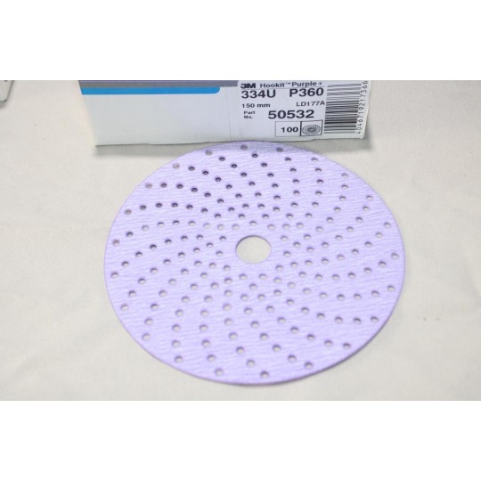 Boite 100 disques de poncages abrasif 334U LD177A 150mm P360 hookit purple + 3M 50532 