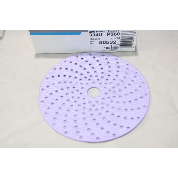 Boite 100 disques de poncages abrasif 334U LD177A 150mm P360 hookit purple + 3M 50532 