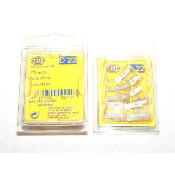 1 Blister 5 fusibles standard transparent 25A Hella D22 8JS711689-821 pour renault peugeot citroen volkswagen audi skoda seat fi