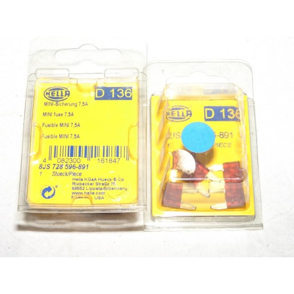 1 Blister 4 mini fusibles 7.5A Hella D136 8JS728596-891 pour renault peugeot citroen volkswagen audi skoda seat fiat lancia alfa