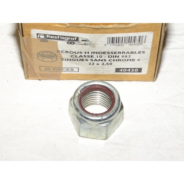 1 Ecrou hexagonal auto-freiné à bague nylon CL10 M22x2.50 DIN 982 zingues sans chrome restagraf 40430 