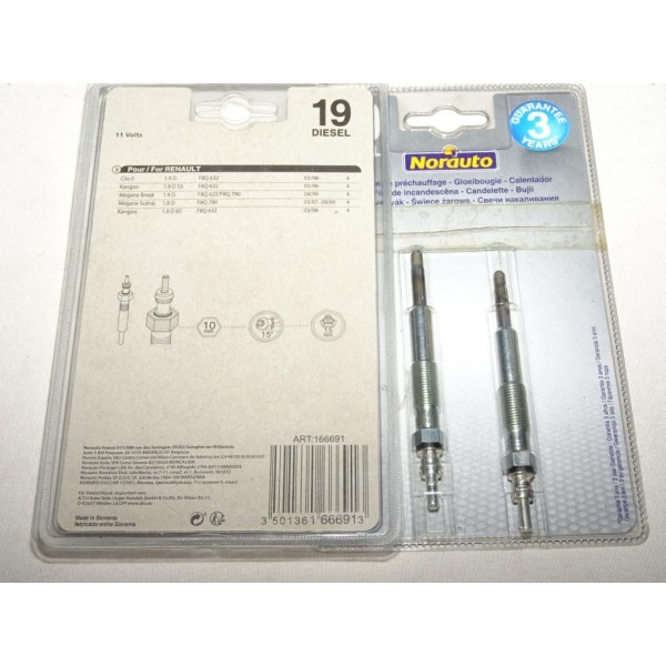 1 Blister 2 bougies de prechauffe 166691 pour renault clio 2 II kangoo megane 1 dacia solenza 1.9D 1.9 D diesel 