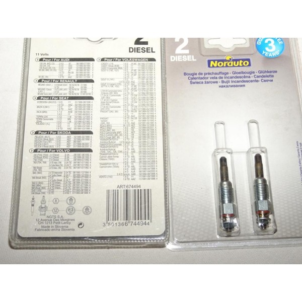 1 Blister 2 bougies de prechauffe Norauto 674494 pour audi 80 90 100 seat ibiza 2 II cordoba inca terra toledo skoda felicia vol