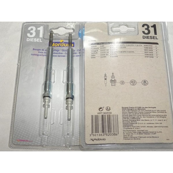 Blister 2 bougies prechauffe Norauto 362038 31 pour opel astra G frontera B omega B sintra vectra B zafira A saab 93 95 9-3 9-5 