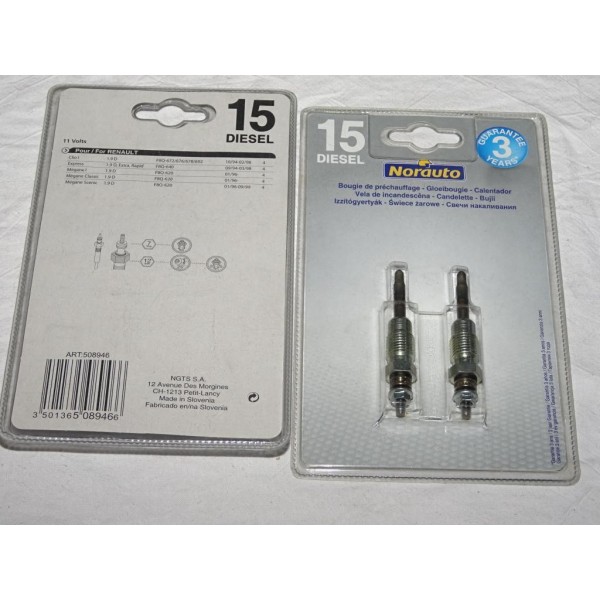 1 Blister 2 bougies de préchauffe N°15 Norauto 508946 pour renault clio 1 2 I II express megane dont scenic 1.9D 1.9 D diesel 