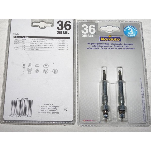 1 Blister 2 bougies de prechauffe N°36 Norauto 362034 pour opel astra F corsa B vectra A B 1.5 1.7 D TD diesel 