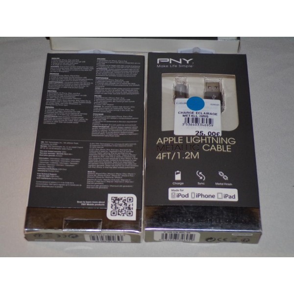 1 Cable chargeur telephone tablette 1.2m PNY C-UA-LN-EFL-04 EMBO0639US03 pour iphone ipod ipad apple lightning