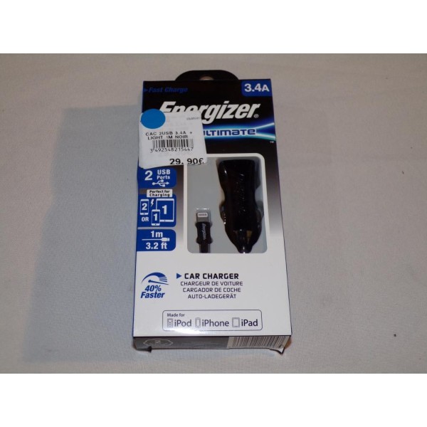 Chargeur prise allume cigare 3.4A 2 ports USB avec 1 cable Energizer DCK2CULI3 pour iphone ipad ipod 