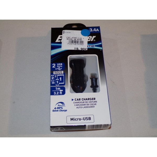 Chargeur prise allume cigare 3.4A 2 ports USB avec 1 cable Energizer DCA2CUMC3 type micro USB 
