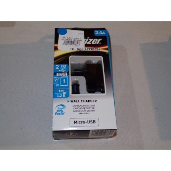 Chargeur secteur 2.4A 2 ports USB avec 1 cable Energizer ACA2BEUHMC3 type micro USB 