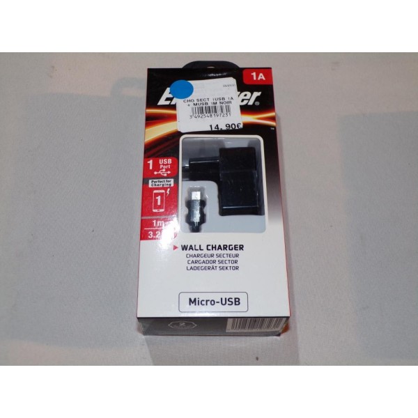 Chargeur secteur 1A USB avec 1 cable Energizer ACA1AEUCMC3 type micro USB 