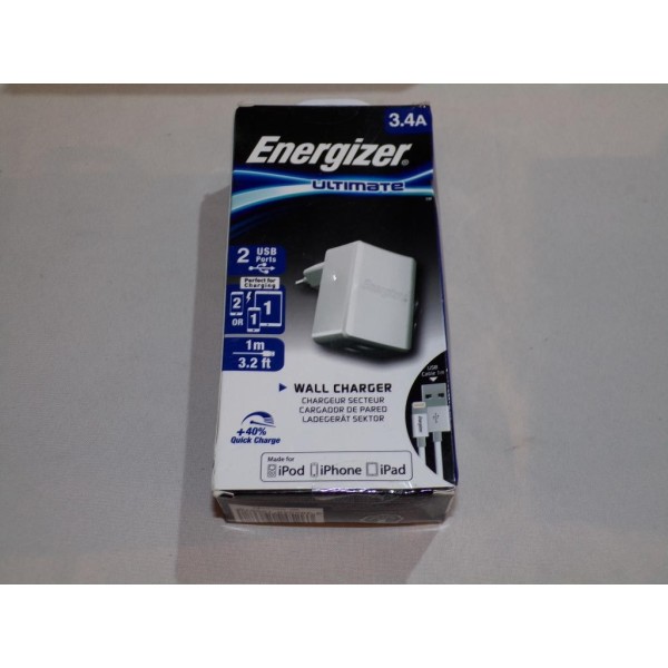 Chargeur secteur 3.4A 2 ports USB avec 1 cable Energizer ACA2CEUULI3 pour iphone ipad ipod 