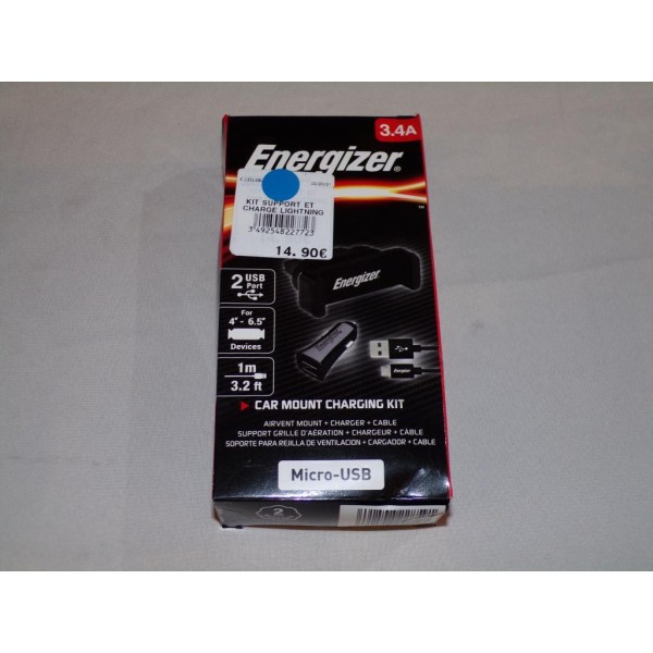 Chargeur prise allume cigare 3.4A 2 ports USB avec 1 cable et support Energizer CKITB2CMC3 type micro USB 