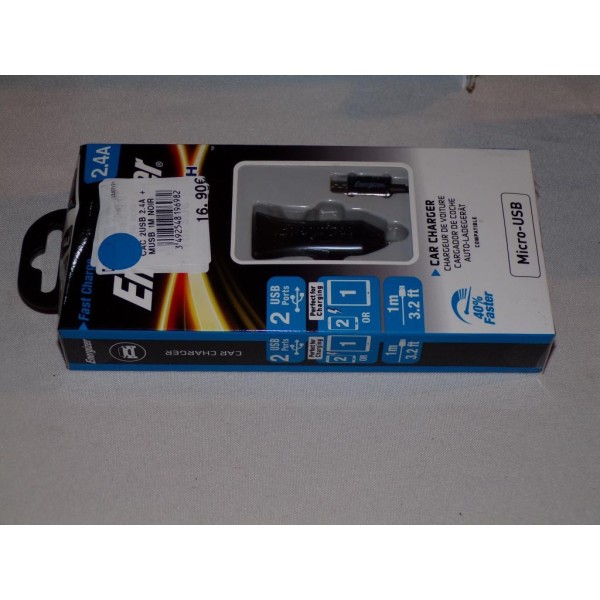 Chargeur prise allume cigare 2.4A 2 ports USB avec 1 cable Energizer DCA2BHMC3 type micro USB 