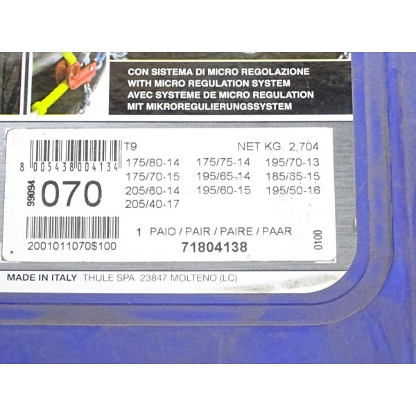 Paire chaines neige Konig 070 Fiat 71804138 pour roue jante 175/80/14 175/75/14 195/70/13 175/70/15 195/65/14 185/65/15 205/60/1