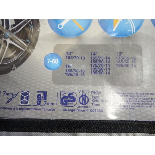 Paire chaines neige Norauto 7-60 pour pneu roue 185/70/13 165/75/14 165/80/14 175/70/14 185/60/14 195/60/14 175/65/15 185/50/15 