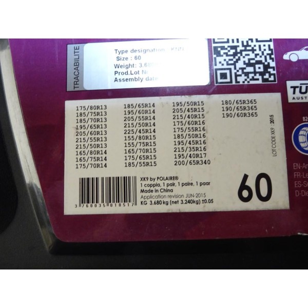 Paire chaines neige Polaire racing XK9 N°60 pour pneu roue jante 175/80/13 185/75/13 185/70/13 195/65/13 205/60/13 215/55/13 215