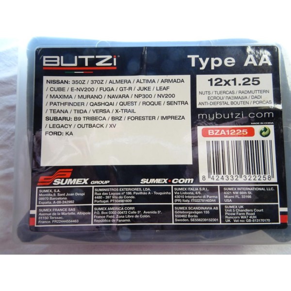 Kit 4 boulons ecrou antivol de roue jante M12x1.25 Sumex BZA1225 pour nissan 350Z 370Z almera altima armada cube NV200 fuga GT-R