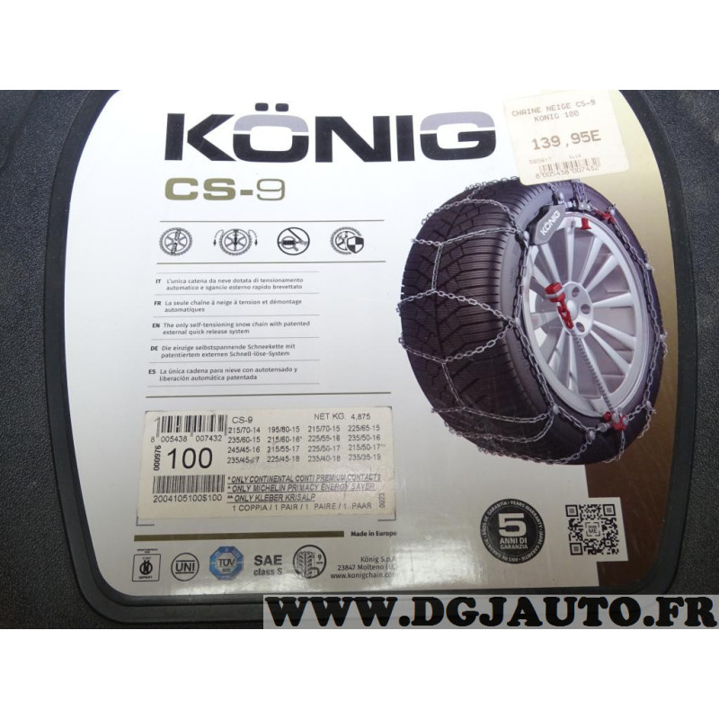 Paire chaines neige Konig N°100 CS-9 pour auto pneu roue jante 215/70/14  195/80/15 215/70/15 225/65/15 235/60/15 215/60/16 225/5, buy it just for  47.67 on our shop DGJAUTO
