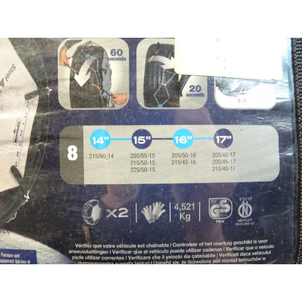 Paire de chaines neige Norauto premium N°8 VIII pour pneu roue jante 215/60/14 205/55/15 215/50/15 225/50/15 205/50/16 215/45/16