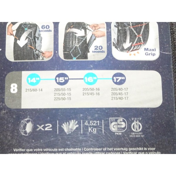 Paire de chaines neige maxi grip Norauto premium N°8 VIII pour pneu roue jante 215/60/14 205/55/15 215/50/15 225/50/15 205/50/16