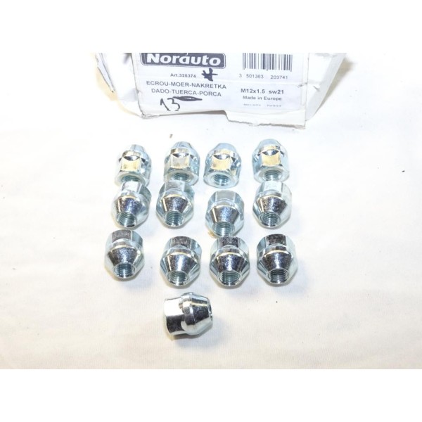Lot 13 ecrous conique fixation roue jante M12x1.5 SW21 Norauto 320374 