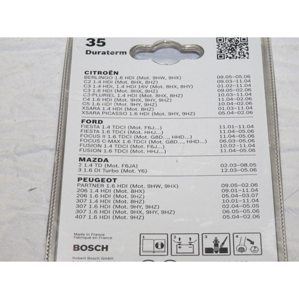 Blister 2 bougies de prechauffe Bosch N°35 0250404902 pour citroen C2 C3 C4 C5 berlingo xsara ford fiesta focus fusion mazda 2 3