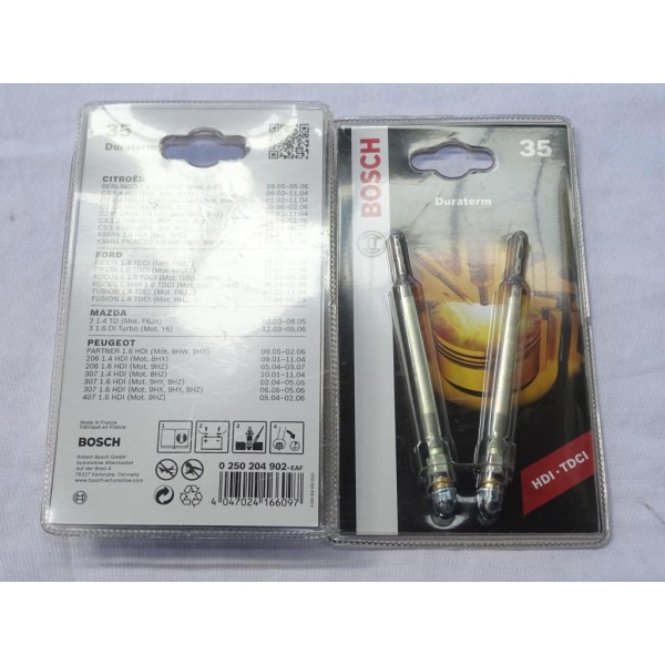 Lot 2 bougies de prechauffe Bosch N°35 0250404902 pour citroen C2 C3 C4 C5 berlingo xsara ford fiesta focus fusion mazda 2 3 peu