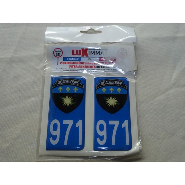 Jeu 2 embouts plaque immatriculation autocollant sticker resine 971 Guadeloupe Luximmat AUTO971 