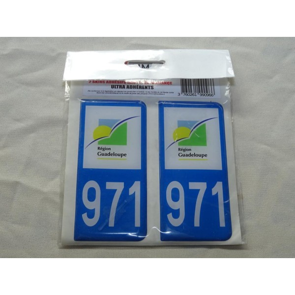 Jeu 2 embouts plaque immatriculation autocollant sticker resine 971 region Guadeloupe Luximmat SKA 971 