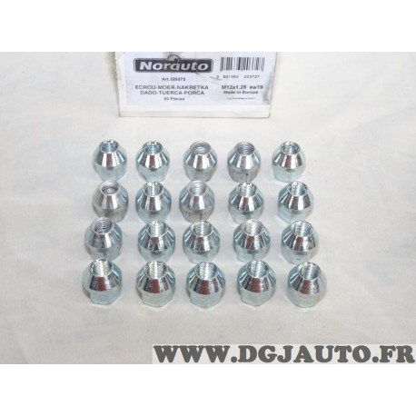 Pack 20 ecrous de roue conique M12x1.25 SW19 fixation jante Norauto 320372 